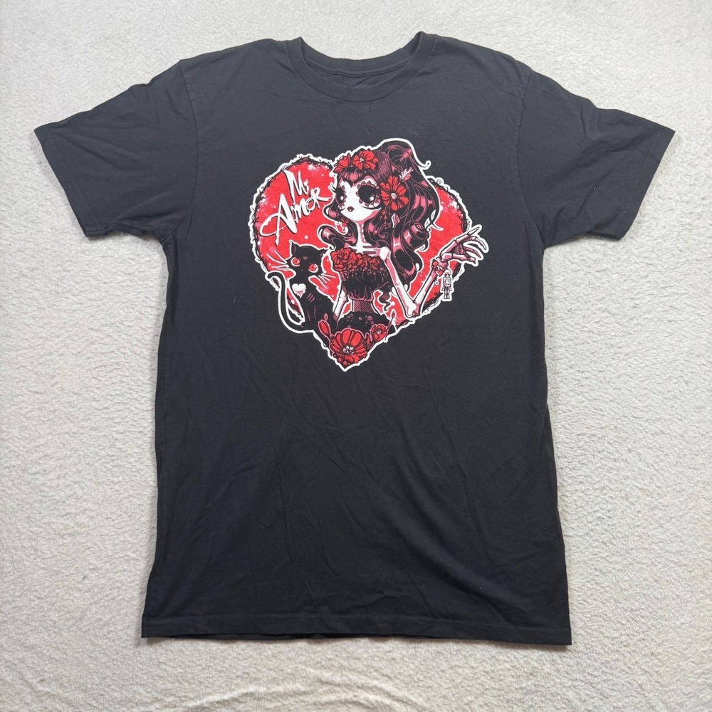 TeeVillain Graphic T-Shirt Mens Medium Black Excellent Mi Amor Sugar Skull Goth